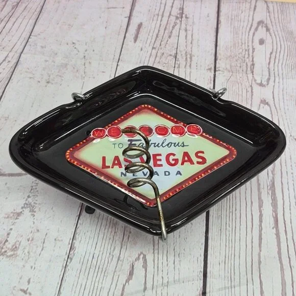 Vintage Las Vegas Ashtray Black Diamond Footed Stand Welcome to Fabulous Ceramic - Picture 2 of 9